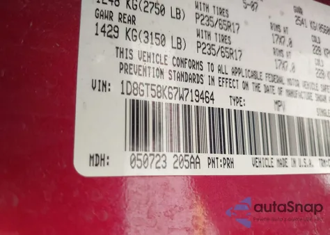 2007 Dodge Nitro Slt/Rt from USA, damaged, VIN 1D8GT58K67W719464